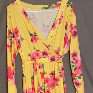 Yellow with Pink Flowers Wrap Maxi Dress